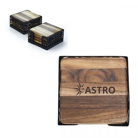 4 Pc. Acacia Wood Square Coaster With Metal Stand 1