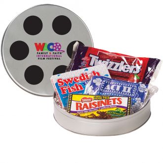 Large Film Reel Tin (3 Theater size candies and 1 Microwave Popc