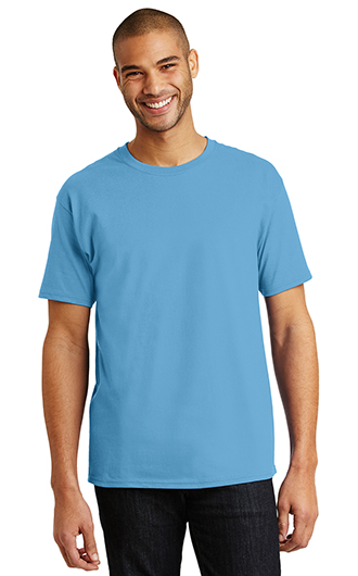 A man wearing a blue t-shirt that’s perfect for casual employee apparel